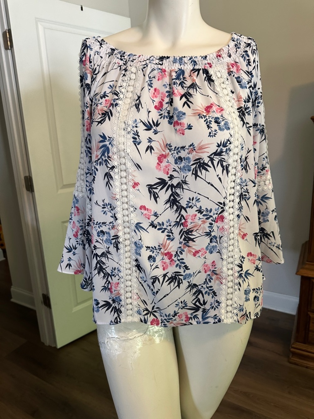 new directions White Off-Shoulder Floral Blouse with Pink & Navy Accents